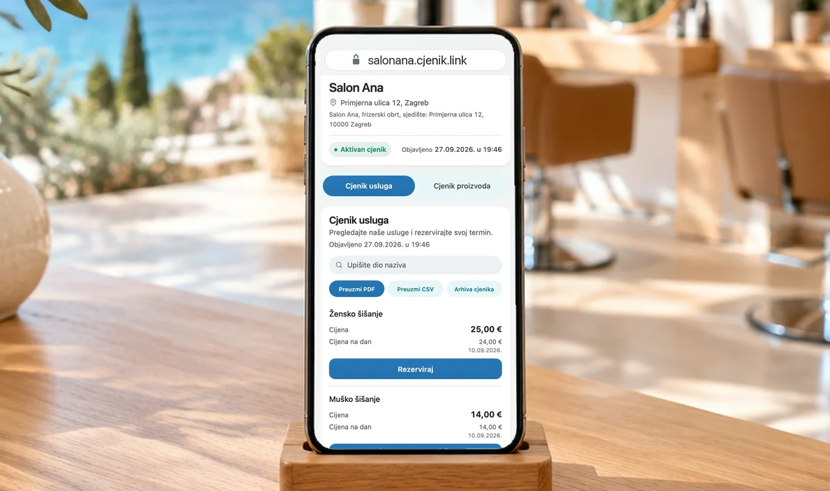 Mobitel s javnim cjenikom salona na pultu recepcije