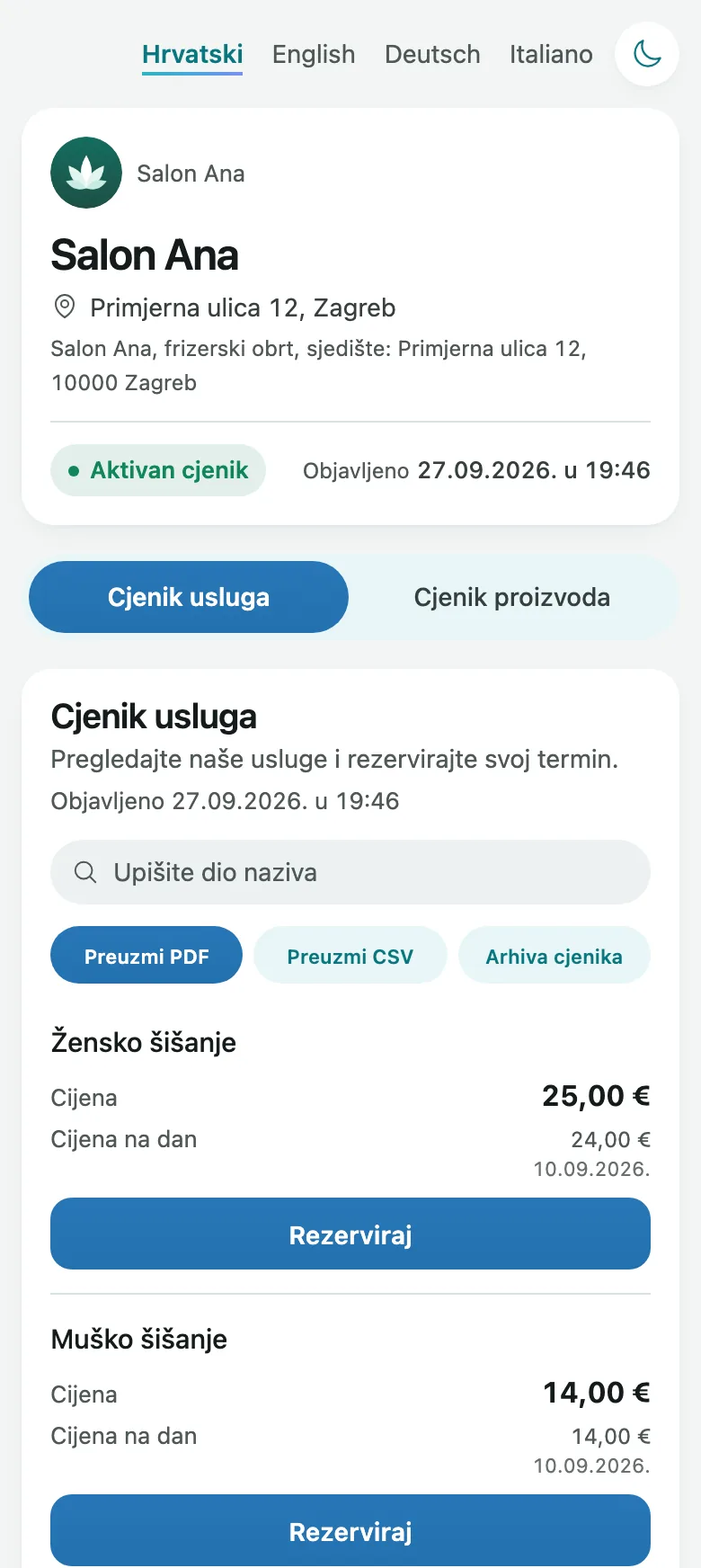 Javni cjenik Salona Ana na mobitelu
