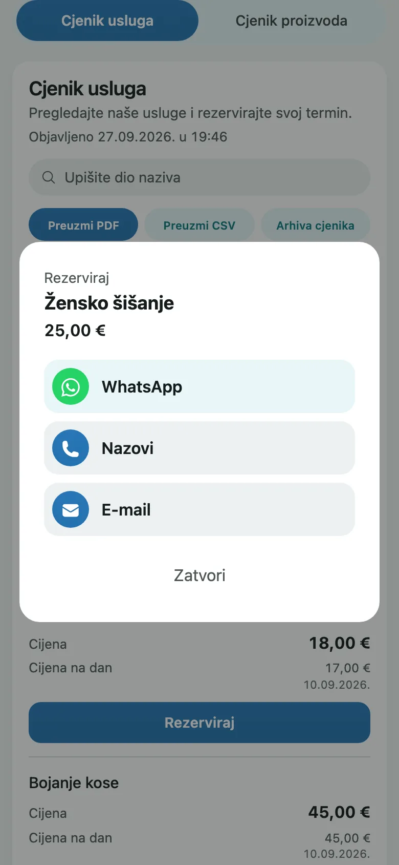 Otvoren izbornik Rezerviraj za stavku Žensko šišanje s gumbima za kontakt