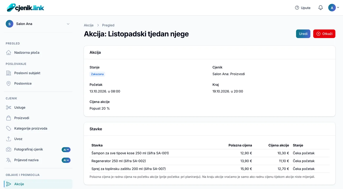 Planirana akcija u panelu: stavke, početna i akcijska cijena