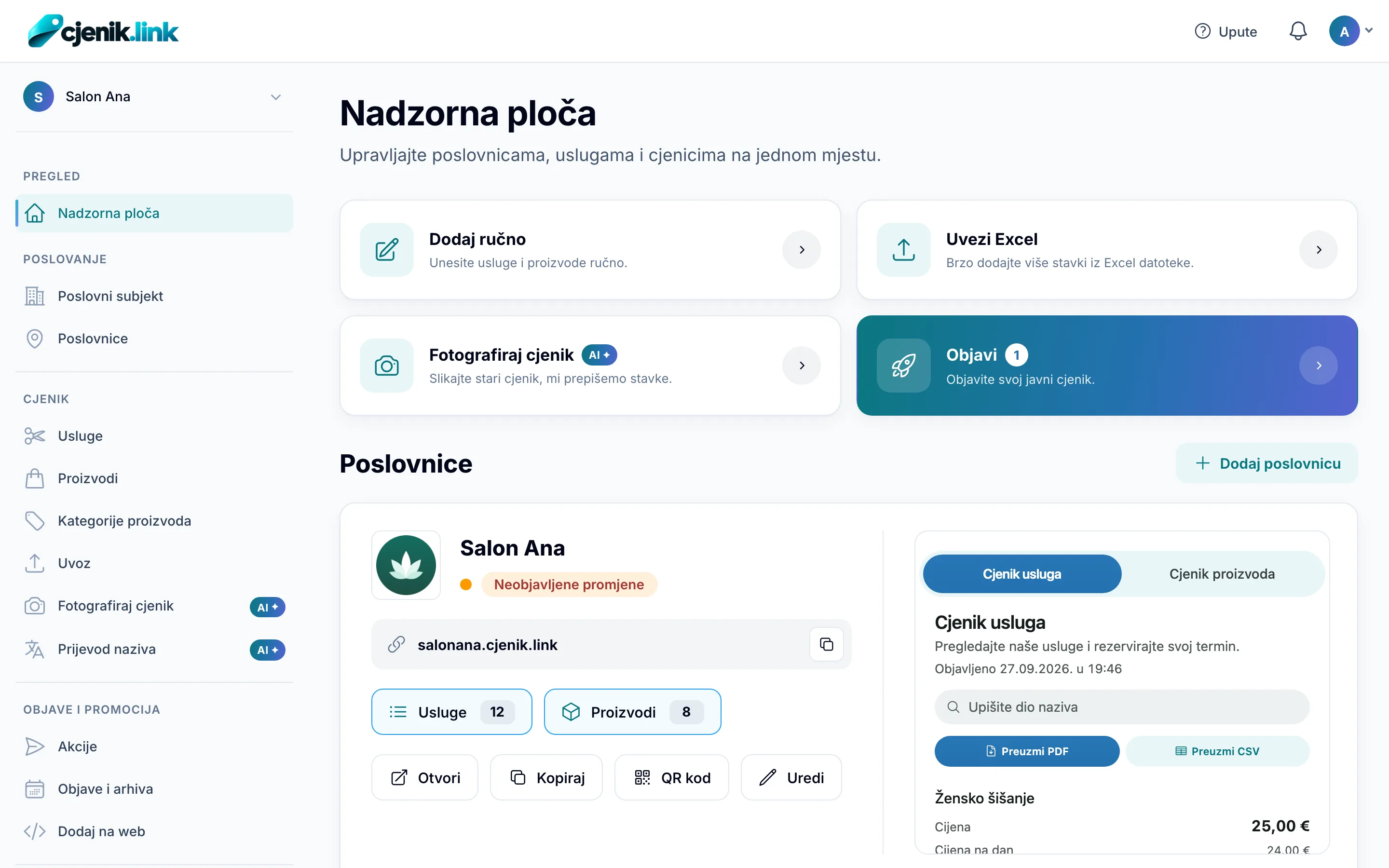 Nadzorna ploča cjenik.link sa stanjem objave i poslovnica